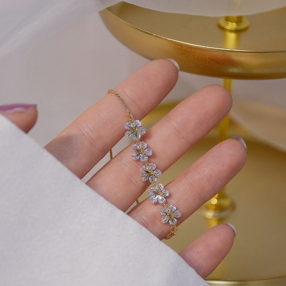 NEW 14K Gold Plated Diamond Flower Bracelet - Picture 7 of 10